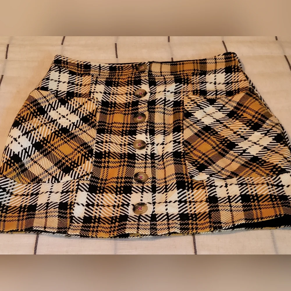 MAEVE Anthropologie Plaid Button Skirt Black Golden Yellow 6 - Picture 12 of 13